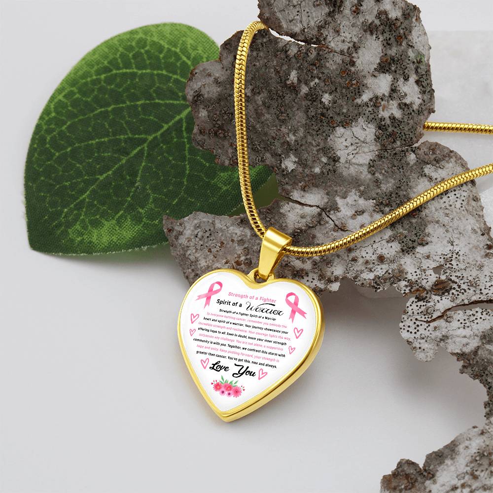 Strength of a Fighter Spirit of a Warrior Breast Cancer Support Heart Pendant
