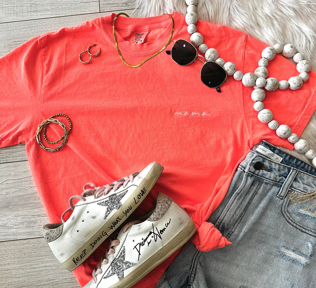 Neon Red Orange Dainty Mama Embroidered Tee