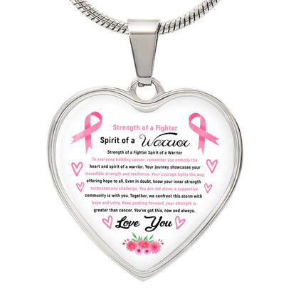 Strength of a Fighter Spirit of a Warrior Breast Cancer Support Heart Pendant