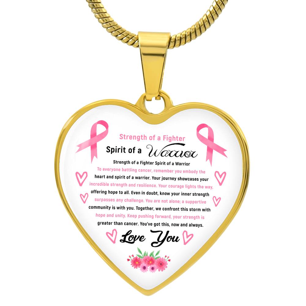 Strength of a Fighter Spirit of a Warrior Breast Cancer Support Heart Pendant