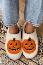 Load image into Gallery viewer, White Halloween Pumpkin Print Plush Slippers (Runs Small, Size Up)
