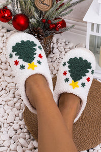 White Fuzzy Christmas Tree Pattern Home Slippers