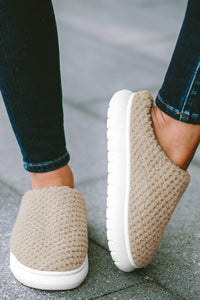 Pale Khaki Two-tone Knitted Warm Homewear Slippers